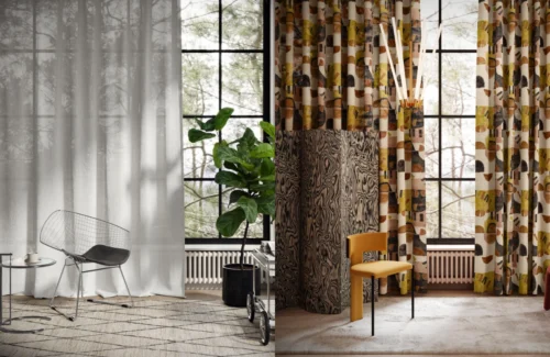 2 Bilder: Moderne große Fenster , industrial-Stil, weiße halbdurchsichtige Gardine, bunte blickdichte Gardine mit Grün- und Gelbtönen