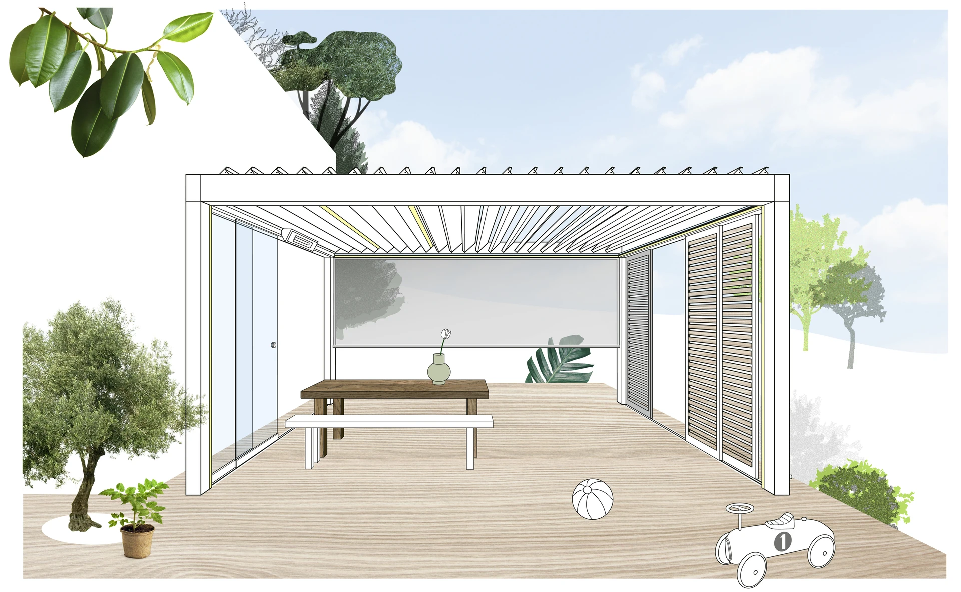 Illustration eines modernen Garten-Pavillons mit Tisch und Pflanzen